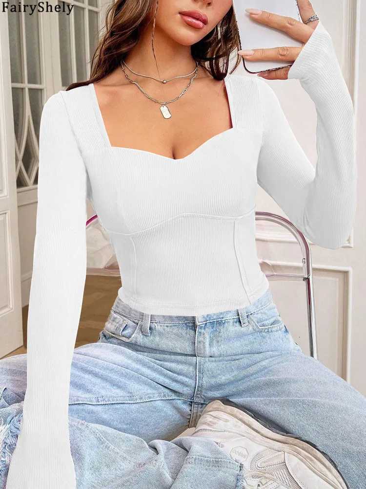 Women's T-Shirt Fairyshely 2026 Autumn Winter Bodycon T-shirt Sexy Women Square Neck Crop Top Lady Long Sleeve White Club Short Tops Clothes Q2