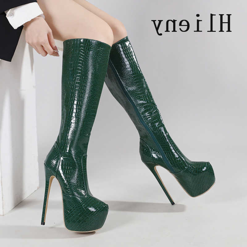 Serpentine Boots Hlieny Knee-High Green Boots Women Thin High Heels Platform Round Toe Zipper Ladies Long Boot Female Shoes Size 35-42 H260921