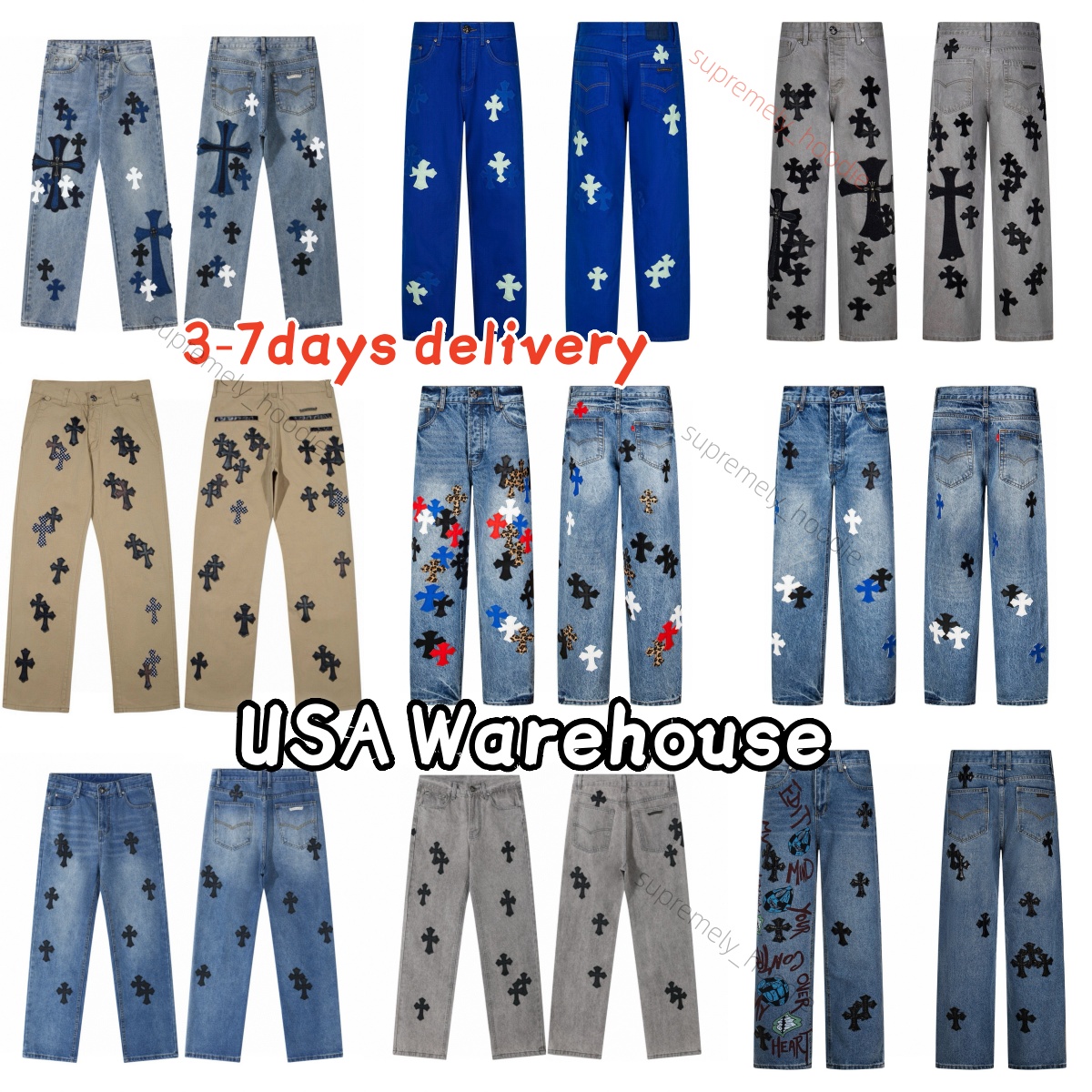 chrome pants designer Multi Color Cross Patch Denim Jeans Men Women Retro Washed Straight Cut Pants Hip Hop Casual Street Style Patchwork Trousers