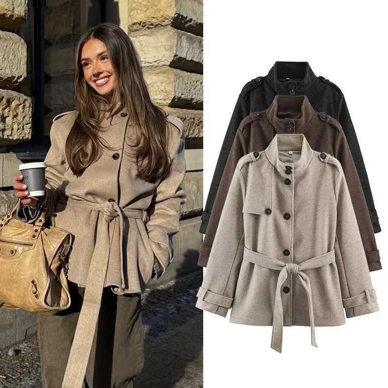 Jackets Women's Jackets Coats Women's Fashion Lace-up Jacket Autumn Winter Women Blends Coats Vintage Female Outerwear Chic Tops C260921