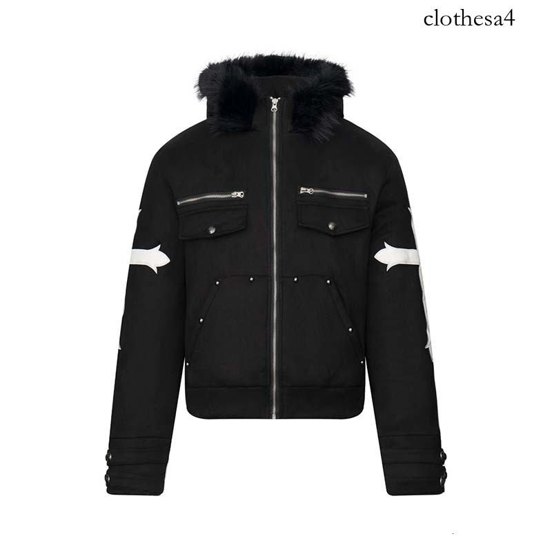 2026 winter new American high street cross embroidered fur collar hooded cotton jacket men's trendy loose coat