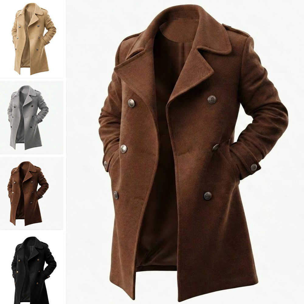 Wool Blends Men Men's Wool Blends Double Breasted Overcoat Lapel Trench Coat Classic Formal Work Y2k Streetwear Thick Warm Jacket Autumn Winter