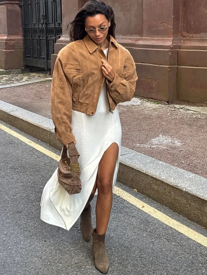 Women's Camel Suede Cropped Jacket Vintage Lapel Collar Long Sleeve Zipper Up Bomber Jackets 2026 Lady Casual Streetwear 260920