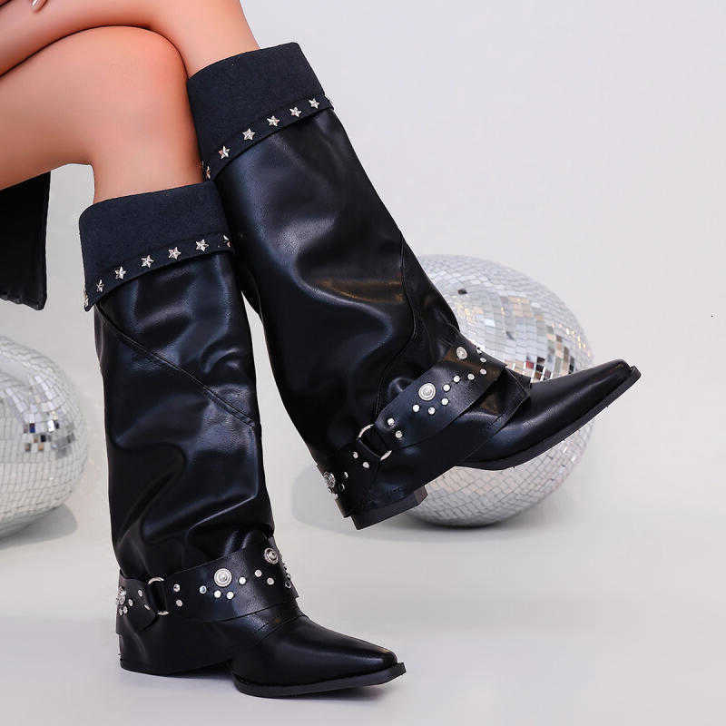 Vintage Metal Pointed Boots Toe WESTern Cowboy Boots Winter 2026 Designer Thick Medium Knee High Boots Punk Long Boots for Women H260921