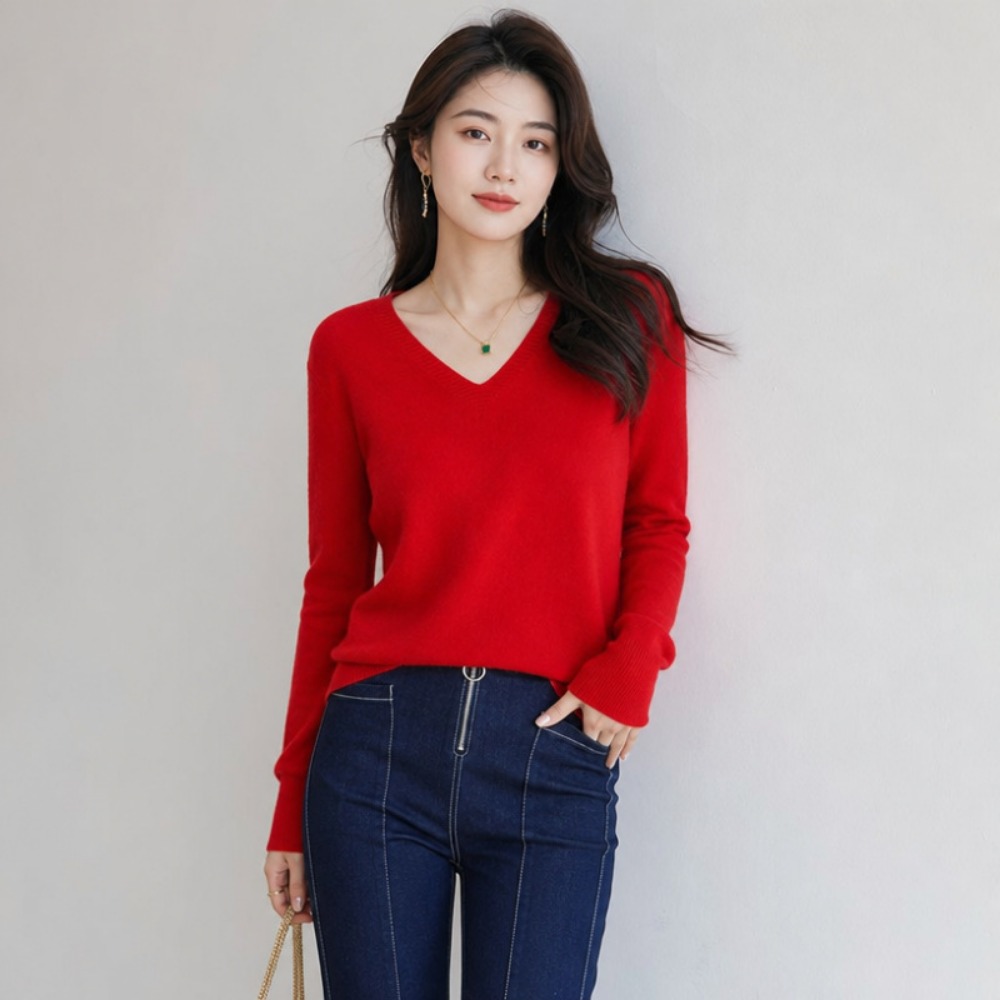 Women Autumn V Neck Knitted Pullover Plus Size Long Sleeve Sweater Casual Top