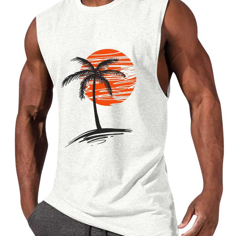 Designer Style New Arrival High Quality New Men's Sleeveless Tank Top Coconut Tree Print Muscle Casual Summer Vest Cotton Blend Breathable Roun