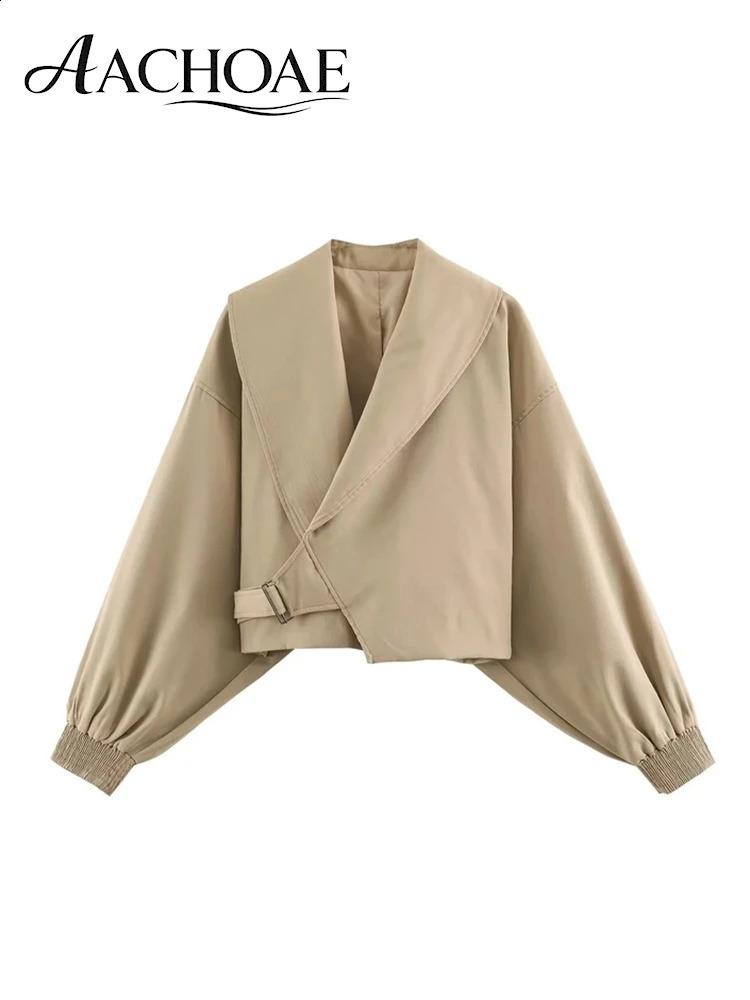 AACHOAE Women Oversized Lapel Cropped Jacket Belted Short Coat Long Sleeve Elastic Cuff Casual Chic Elegant Minimalist Outerwear 260920