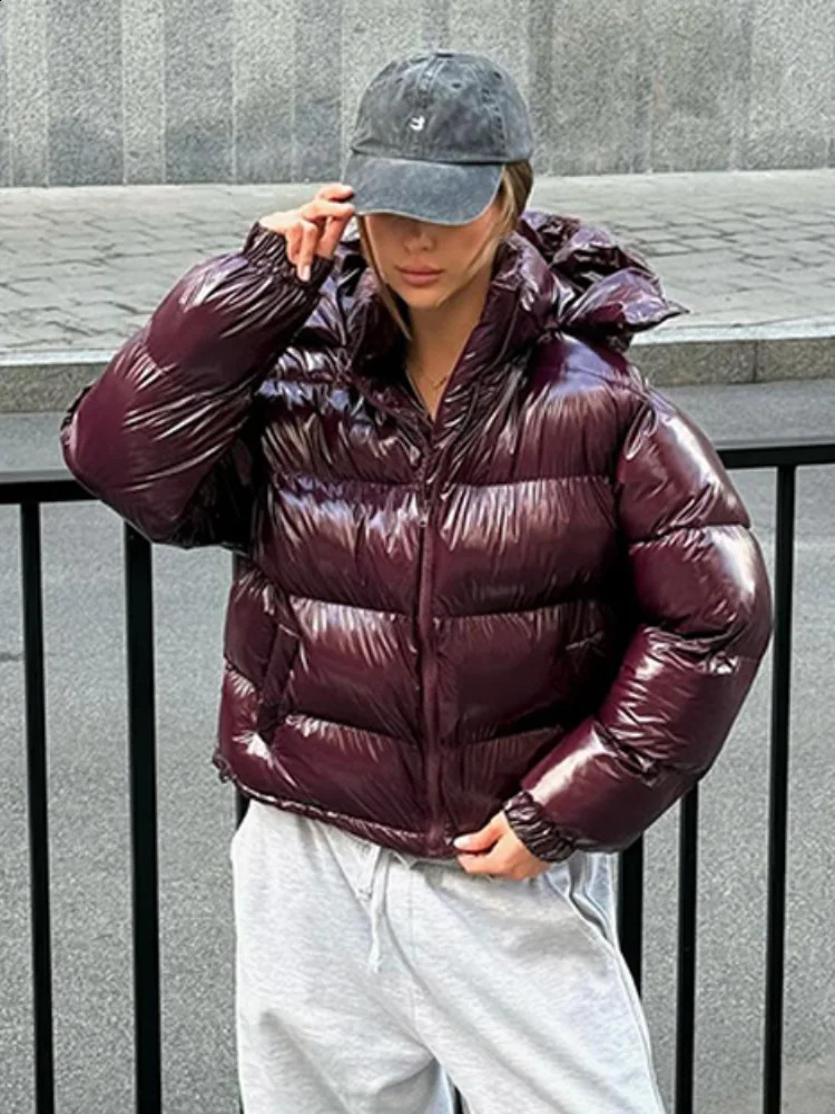 Women Solid Hooded Glossy Padded Jacket Long Sleeve Stand Zipper Fluffy Warm Coat Autumn Winter Chic Casual Street Jackets 260921