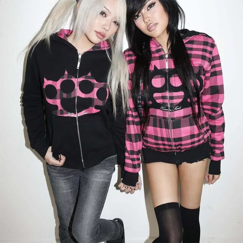 Autumn Winter Women Goth Punk Reversible Zip Hoodie Pink Black Plaid Brass Knuckles Print Y2K Grunge Oversized Sweatshirt 260921