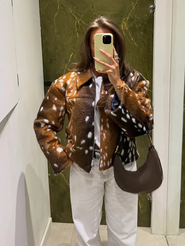 Womens Deer Spot Print Faux Fur Cropped Jacket Lapel Zipper Suit Coat Long Sleeve Loose Drop Shoulder Fashion Street Outerwears 260920