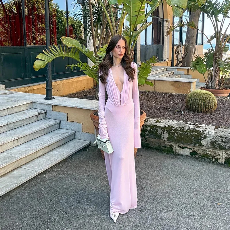 y See Through Mesh Bodycon Maxi Dress For Women Lady Long Flared Cuff Deep V Neck Pleated Beach Holiday Evening Party Gown 260920