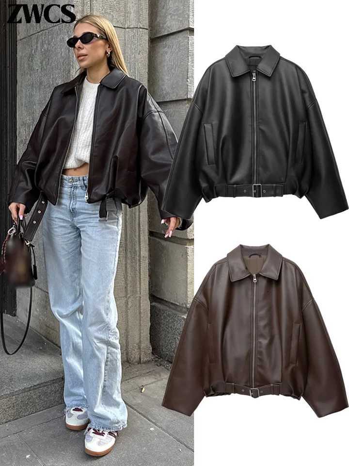 Women's Jackets Vintage PU Leather Bomber Jackets 2025 Autumn New Ladies Zipper Lapel Long Sleeve Pocket Coat With Belt Women's Loose Stre