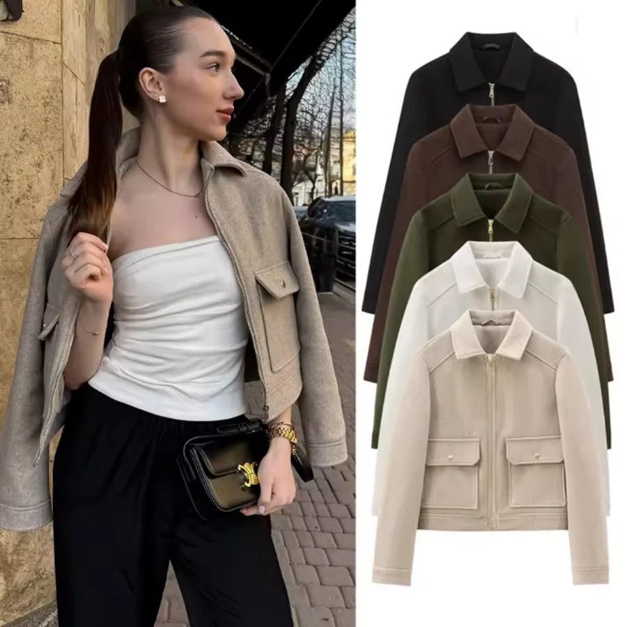 Womens Zipper Jacket Coat Winter Long Sleeve Pocket Outerwear Short Street Elegant 260921