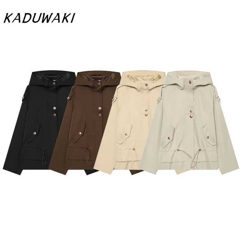 Commuter Women's Jackets KADUWAKI Vintage Women's Jacket Autumn Long-Sleeve Hooded Drawstring Waist Loose Jacket Parka Coat Windbreaker C2