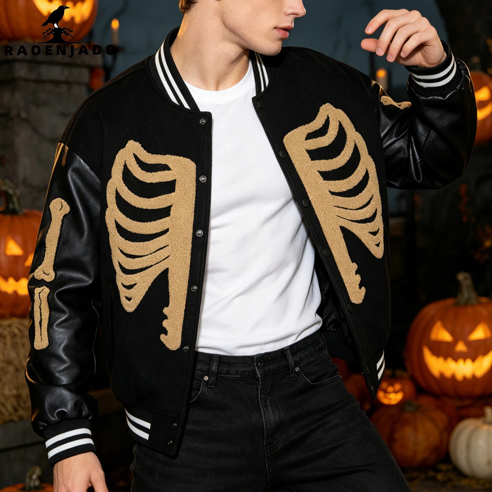 Mens Varsity Jacket Vintage Letterman Style Streetwear Coat with Skeleton Embroidery and Faux Leather Sleeves for Halloween 260920