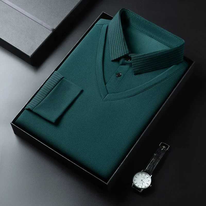 20256 Shirts Men's New Casual Men's Casual and Fashionable Long Sleeved Solid Color Fake Two-piece Polo Shirt Business All Season Versatil
