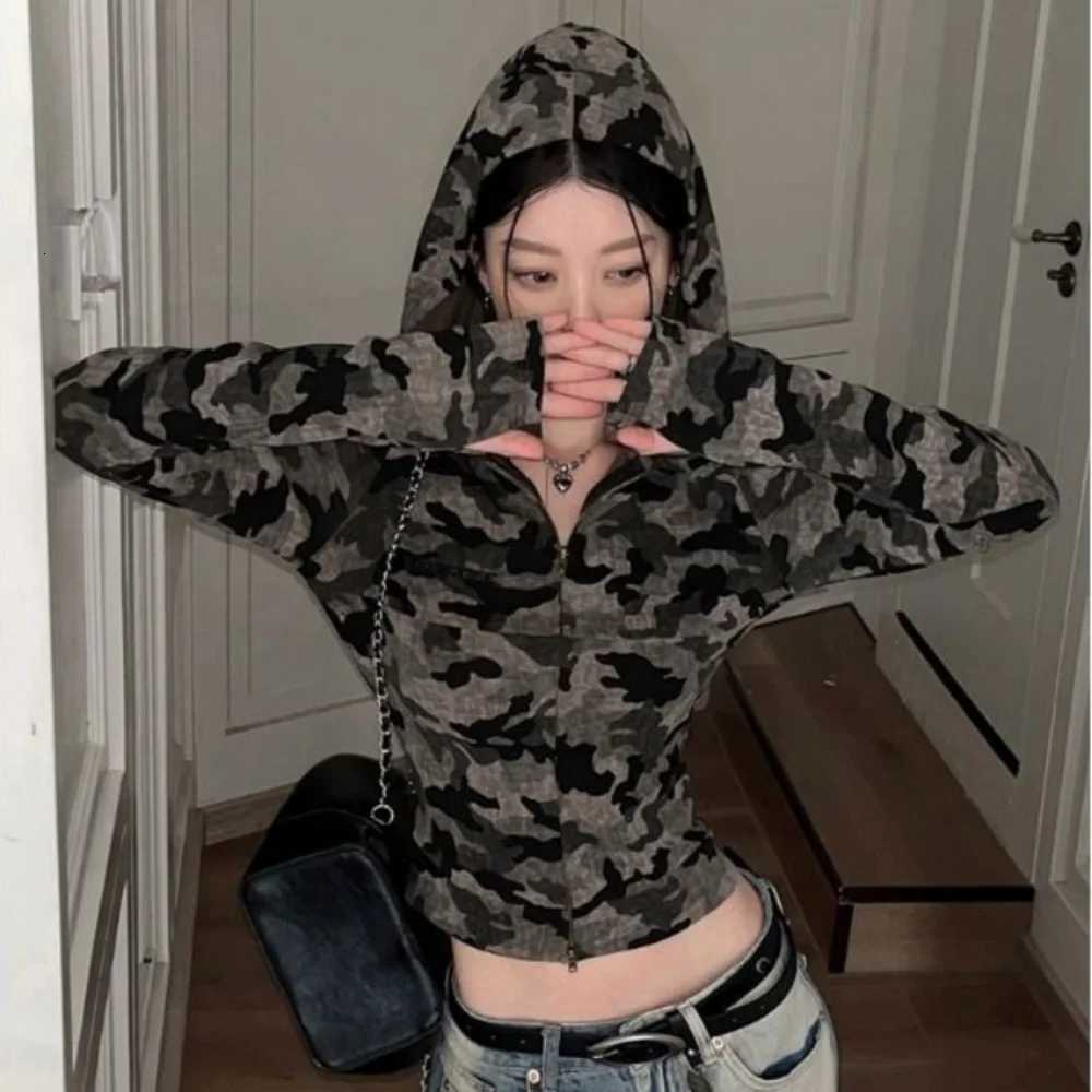 Women's Jackets Vintage Camo Cropped Jackets Long Sleeves Women's Zip Up Spring Autumn Y2k Harajuku Camouflage Slim Thin Jackets Coat Hood