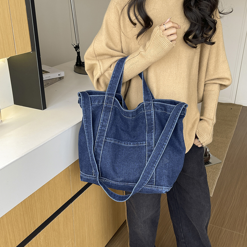 Washed Denim Tote Bag for Women LargeCapacity Shoulder Crossbody Lazy Style Casual Commute Handbag 260918