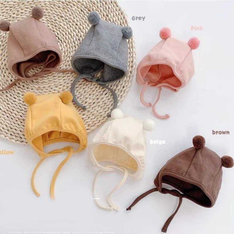 Solid Color born Boy Girl Ear Protection Cap Cute Small Pompom Baby Hat Windproof Warm Infant Toddler Lacing Caps 260920