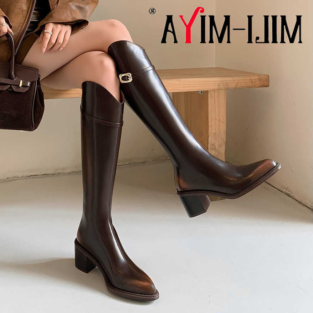 MILI-MIYA Nueva Llegada Botas Medias Empalme Mujeres Cuero De Vaca Punta estrecha Rodilla Botas Altas Tacones Gruesos Color Sólido Hecho A Mano Para