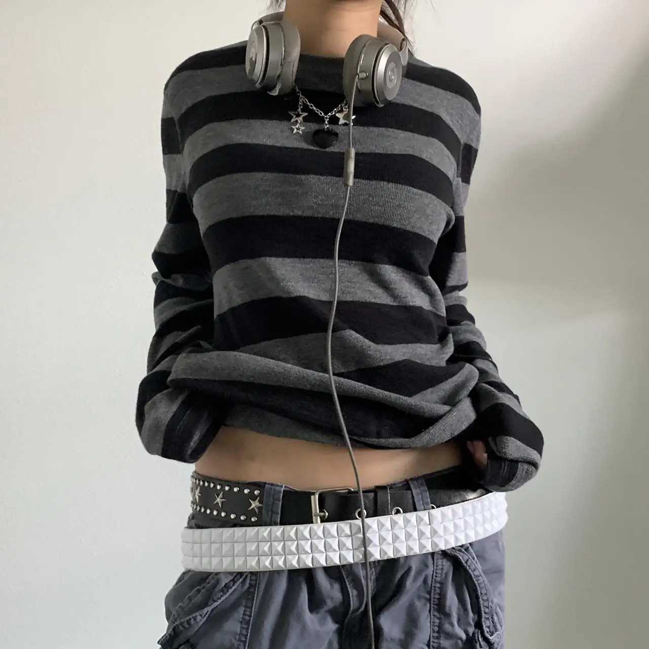 Women's T-Shirt Women Fairy Grunge Knit Basic Shirt Autumn Y2K Grey Black Striped Long Sleeve Round Neck Tops Emo Tee Q260921