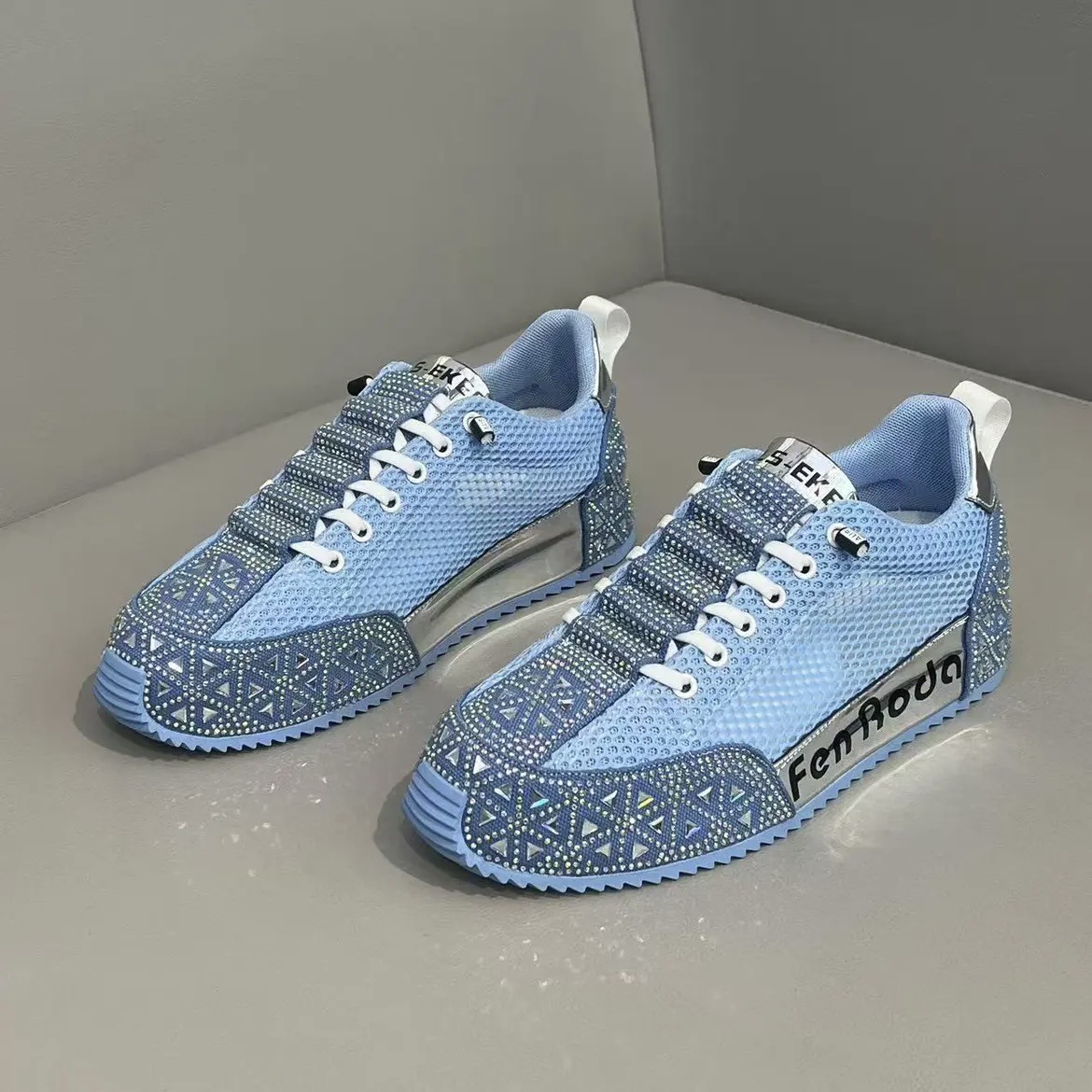 Mens Sparkling Full Rhinestone Chunky Sneakers Breathable Mesh Platform Dad Shoes Bling Crystal Height Increasing Casual Walking Shoes