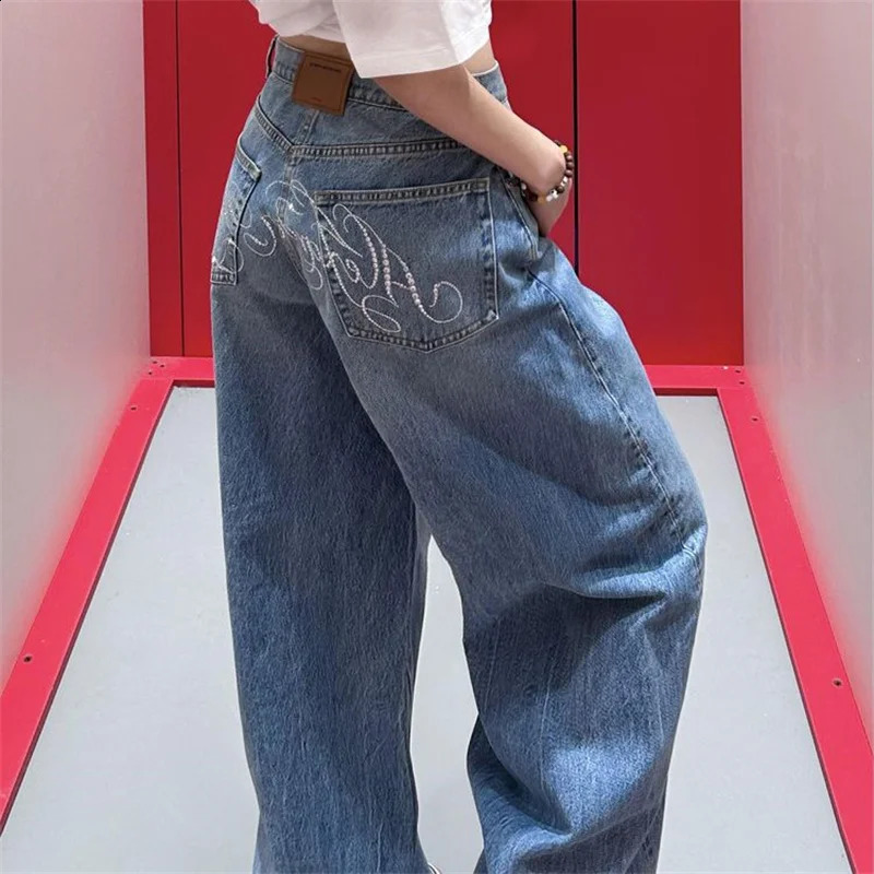 Large size American Retro Rhinestone Letter Jeans For Women's Summer Style Slim and Loose Wide Leg Pants Floor Length Pants 260918