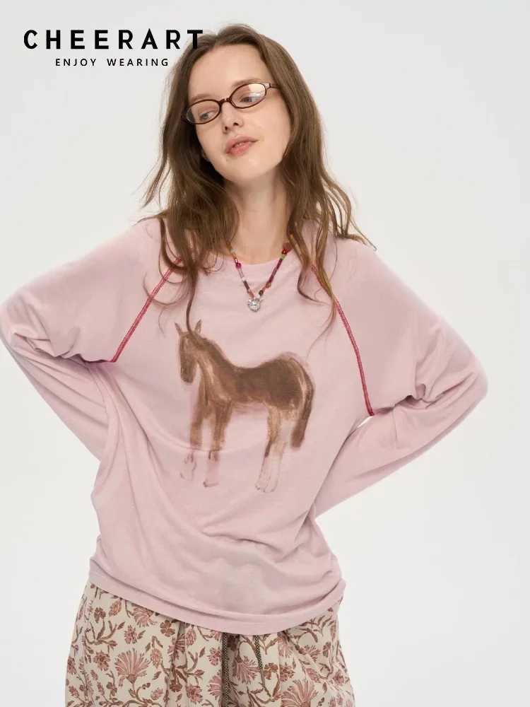 CHRART Horse Print Long Slve Top For Woman T Shirt Fall Clothes Raglan Slve Ts Fashion Designer Top 2025 Autumn T260829