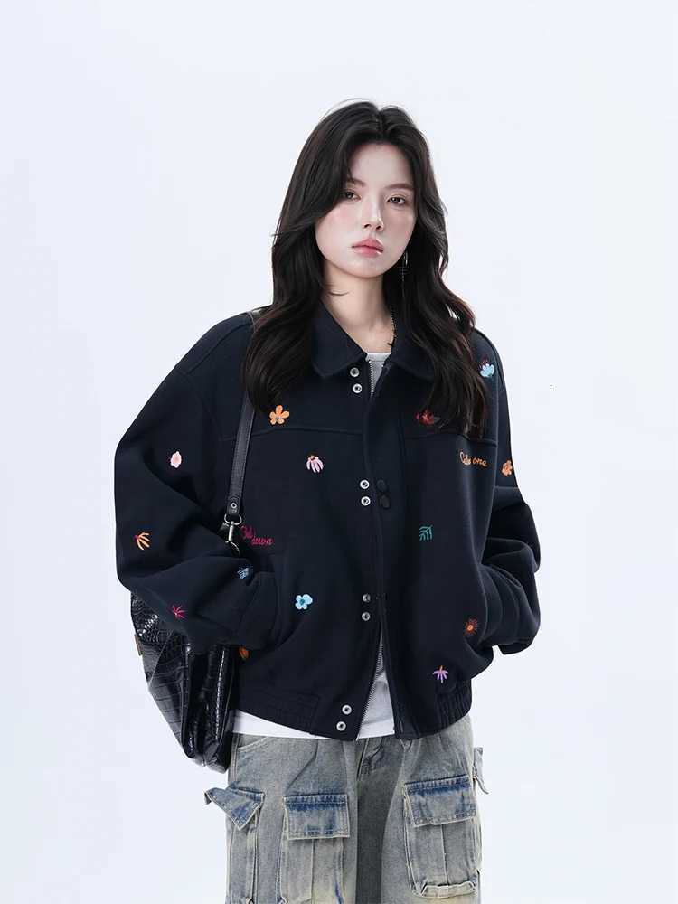 Vintage Women Women's Black Jackets Jacket Small Embroidery Oversized Casual Outerwear Clean Fit Style Retro Streetwear Loose Coat Fashion C260