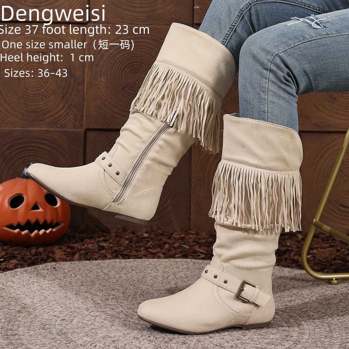 Ruffled bohemian mid-calf boots with rivets straps and tassels flat-soled round-toe women's boots plus-size women's boots with side zipper