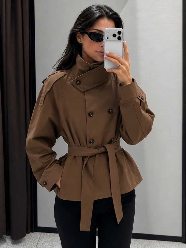 HH Elegant Women British Style Cropped Trench Jacket 2026 Autumn Stand Collar Double Breasted Belted Coat Female Chic Strtwear T260829