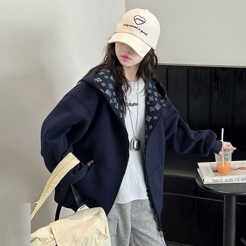 Girls Reversible Hooded Fleece Jacket Printed Lining Zip Up Warm Casual Outerwear Z261008