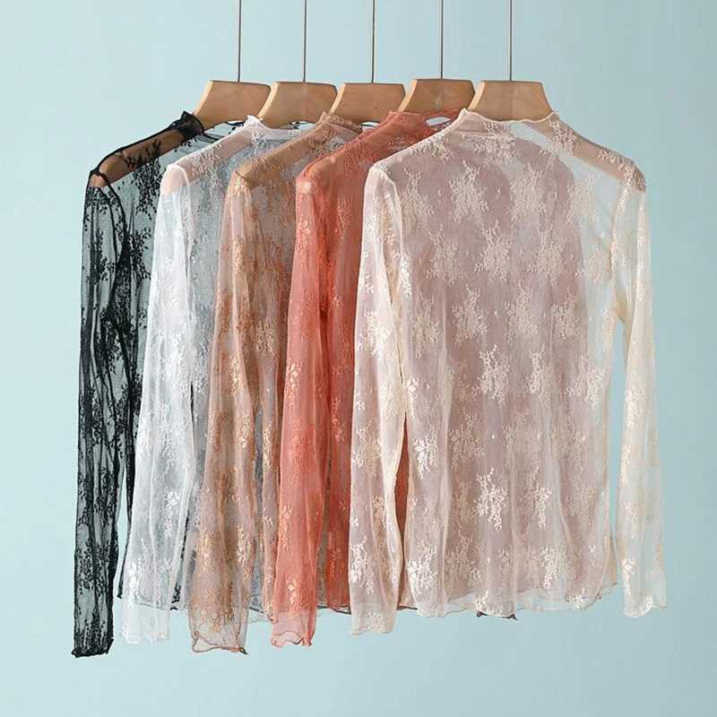Women's T-Shirt Sexy Women Mesh T-Shirts Transparent Lace Blouse Long Sleeve See Through Tops For Women Bottoming Shirt Sheer Tees Body Crop To