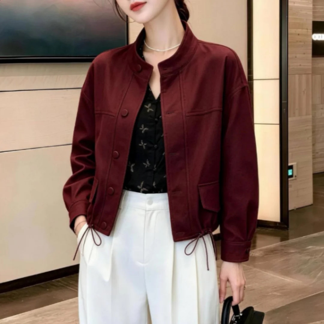 Women's Autumn Stand Collar Short Jacket Thin Casual Long Sleeve Crop Top Loose Coat Fashion Elegant Solid Color Simple Workwear 260920