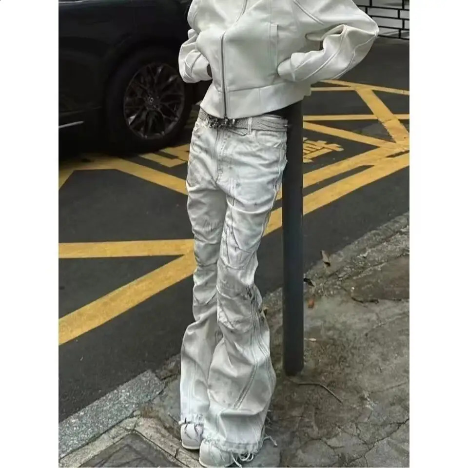 Donna American Retro Y2K Jeans a zampa di elefante Patchwork bianco lavato Y2K Vintage Hrajuku Punk Pantaloni a vita alta slim streetwear in denim 2