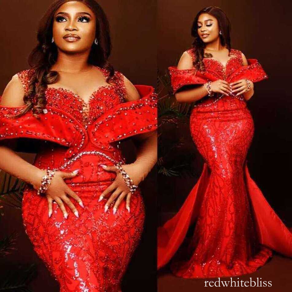 ASO EBI Red Plus Size Prom Dresses For African Women Beads Appliques Mermaid Formal Evening Gowns Reception Engagement Lux Robes de soiree
