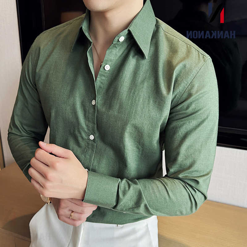 Men's Shirts High-quality Men's Casual Solid Color Shirt 55% Cotton and 45% Linen Breathable and Sweat-wicking Long-sleeve Shirt.M-4XL H26
