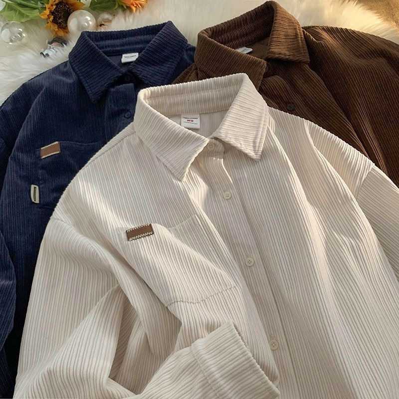 Korean Shirts Men's Fashion Casual Long Sleeve Corduroy Sweatshirts Men Clothing Retro Spring and Autumn Casual Turn down Collar Shirts H260921