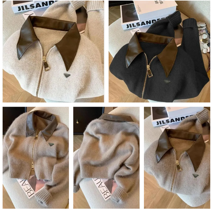 Designer womens sweaters Stand Collar Knitted clothing double zipper leather girls cardigan jumpers Multi Colors Size S 2XL
