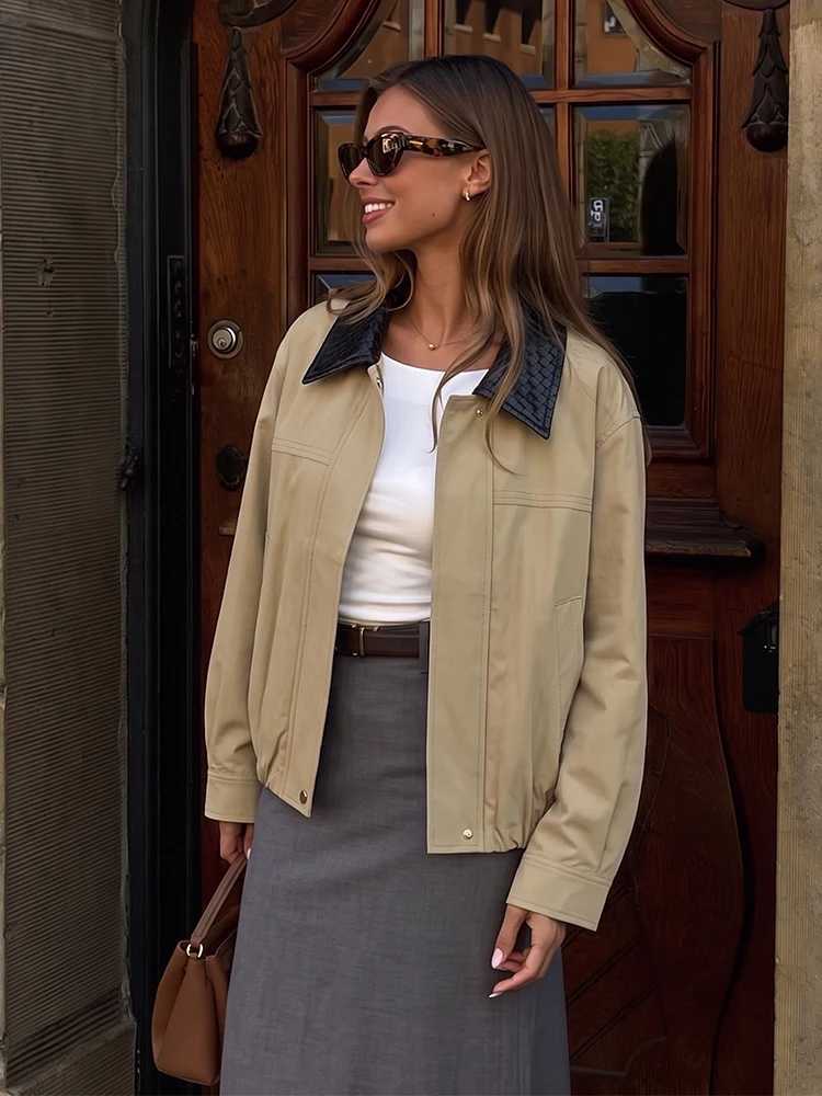 HH Casual Womens Contrast Collar Bomber Jacket Spring Autumn Female Zipper Long Slve Pockets Lightweight Stylish Outerwear T260829