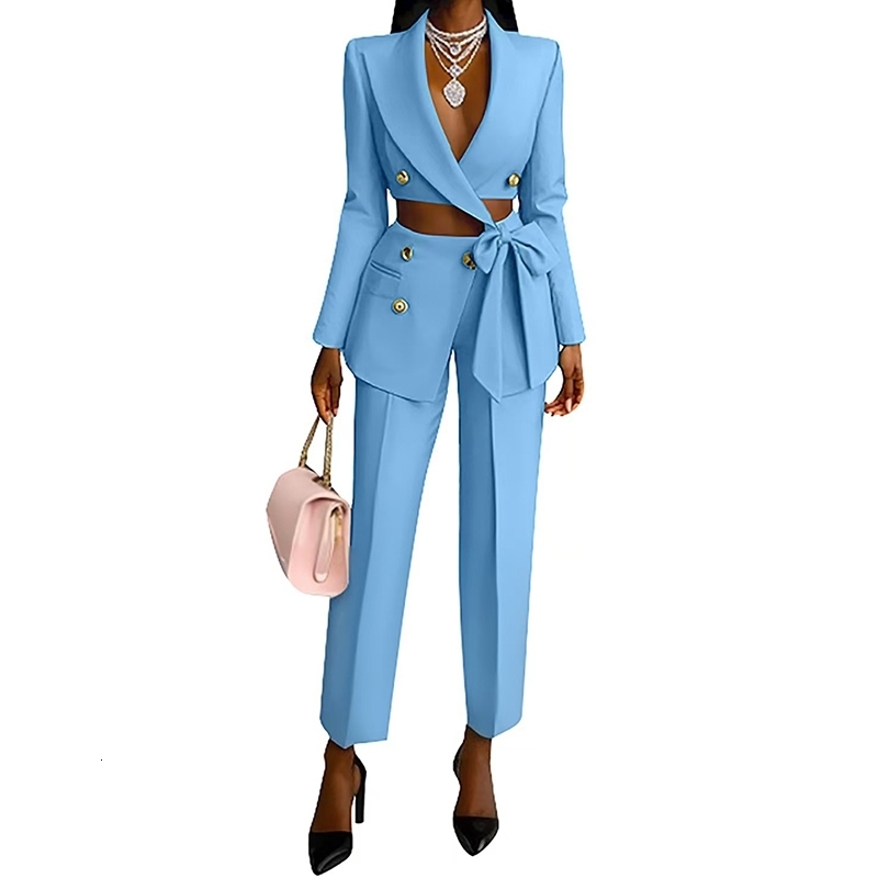 Elegant Lapel Bow Lace-up Blazer Long Pant Set Women Casual Long Sleeve Solid Two Piece Suit Fashion Button Commuting Outfits 260920