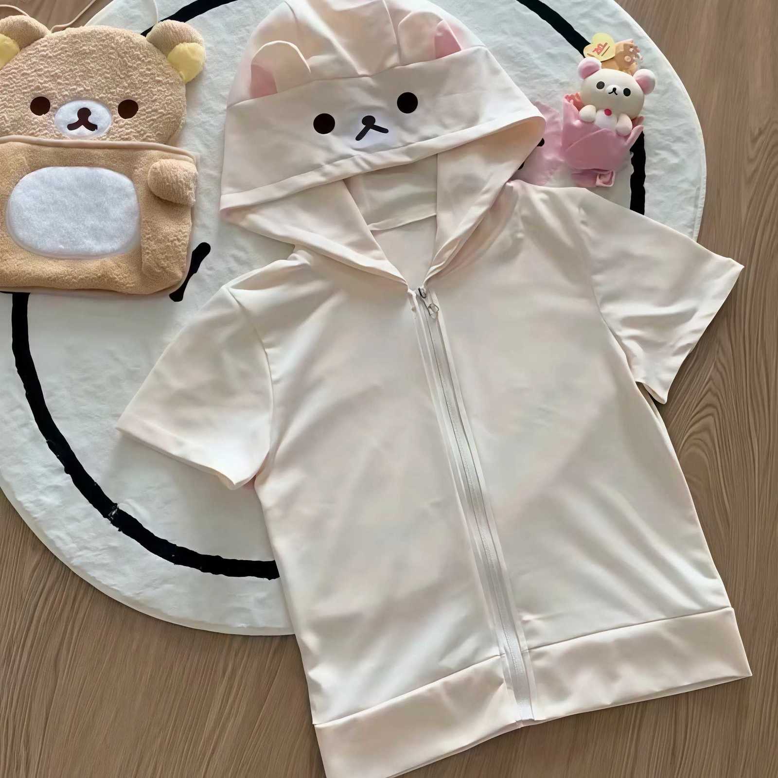 Women's Jackets Women Kawaii Rilakkuma Hooded Zip Up Jacket Bear Ear Hood Short Sleeve Cute Sun Protection Cardigan Coat C260921