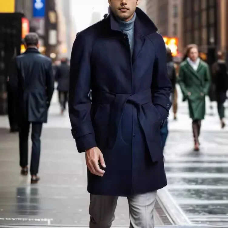 LIBIELIY Blends Men's Men's Wool Raglan Sleeve Woolen Coat For Autumn And Winter 2024 Fashionable Lapel Mid-long Style Woolen Belt Casual