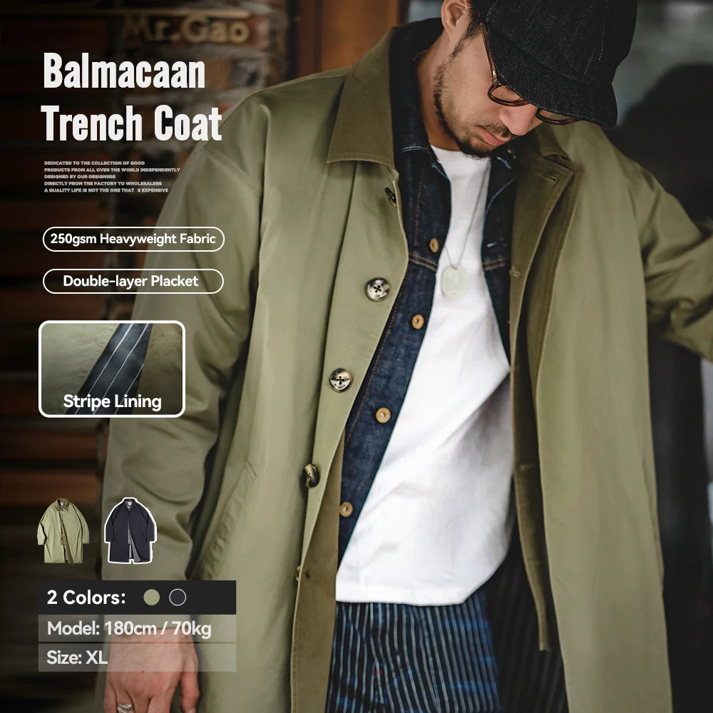 Maden Casual Balmacaan Trench Coat Loose Fit Green Windbreaker Heavyweight Twill Vintage Long Jackets for Men's Fall and Winter 260918