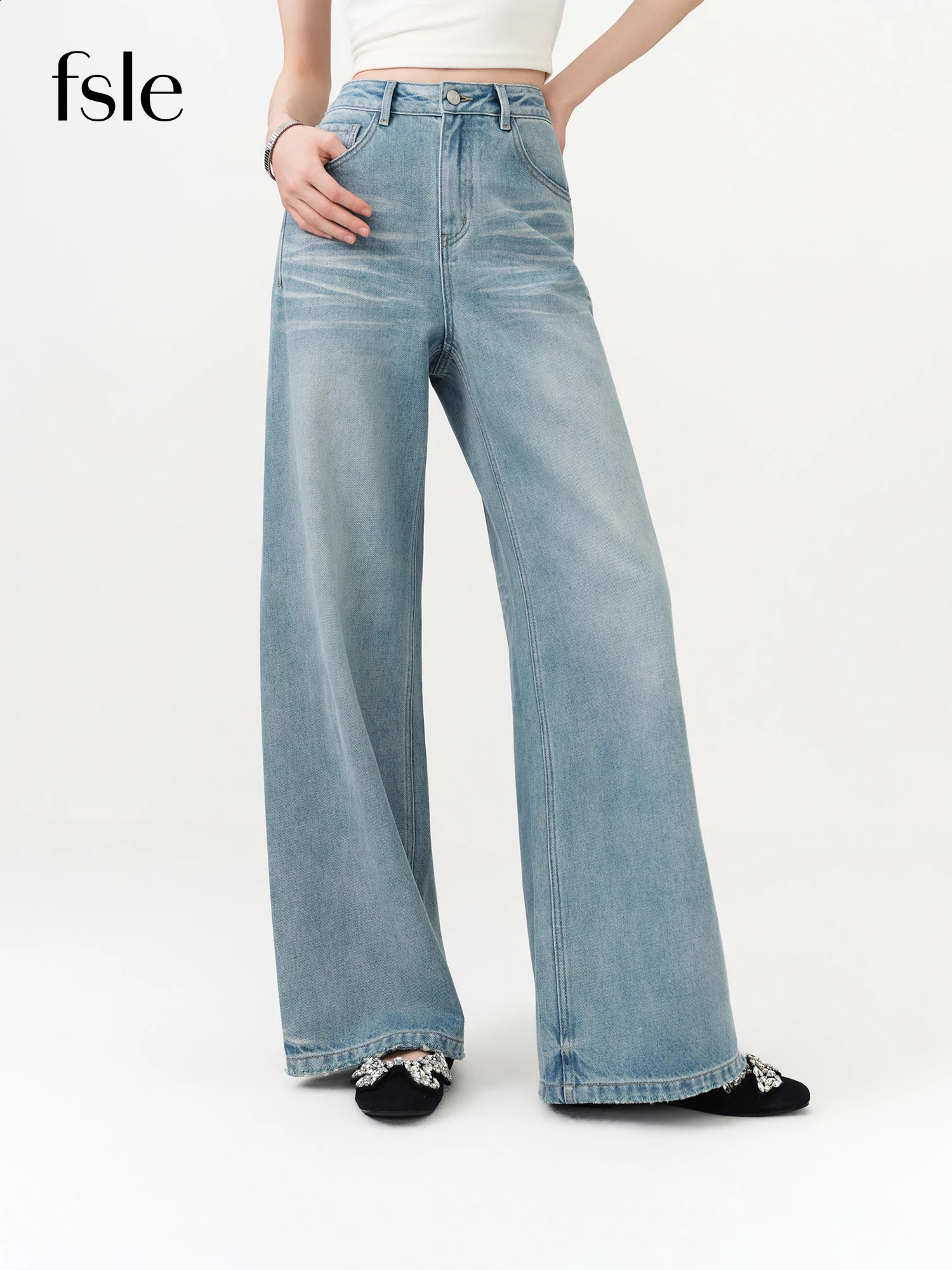 FSLE Jeans da donna a gamba larga estivi Pantaloni a gamba larga dritti lavati vintage Pantaloni a vita alta in denim Casual Street Style Chic 26092