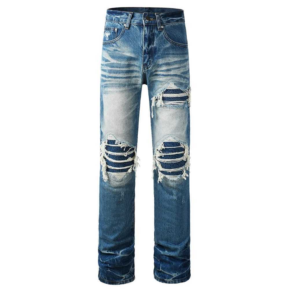 Men's Pleated Patch Denim Jeans Streetwear Loose Straight Washed Blue Pants Ripped Distressed Vintage Retro Trousers S260921JGP7
