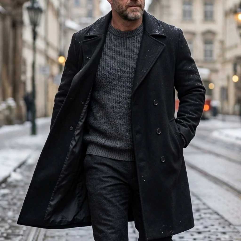 Men's Men's Wool Blends New Coats Double Breasted Coat Autumn Winter Warm Garry Cloth Solid Color Overcoat Medium Long Mens Streetwear Cas