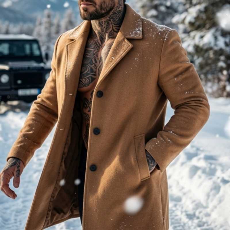 New Men's Wool Autumn/Winter Blends Mans Solid Single-breasted Pea Coat Outdoor Coat British-style Jacket Wool Blend Men's Winter Jacket D