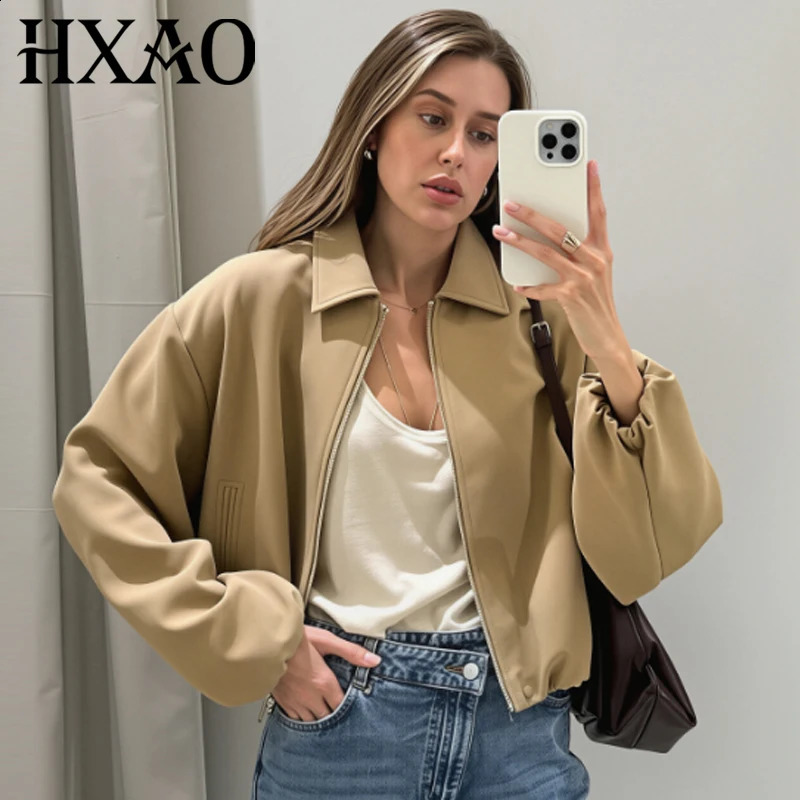 HXAO Crop Puff Loose Outerwears Women Bomber Jacket Autumn Beige Khaki Black Coat Casual Zip Up Long Sleeve Tops For Women 260920