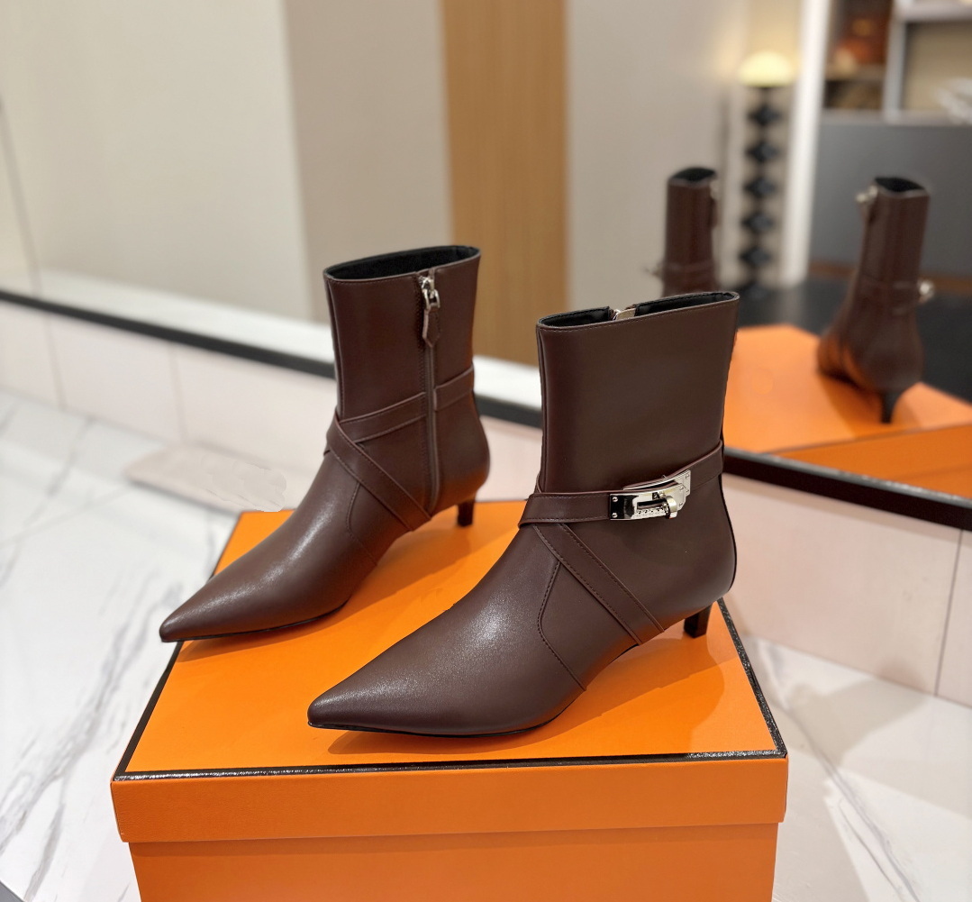 Luxury Dress Shoes Designer Pointed-Toes Cross-Tied Belt Buckle Short Botas Mujer Solid Sewing Handmade Genuine Leather ZIP Woman Modern Boots 35-42